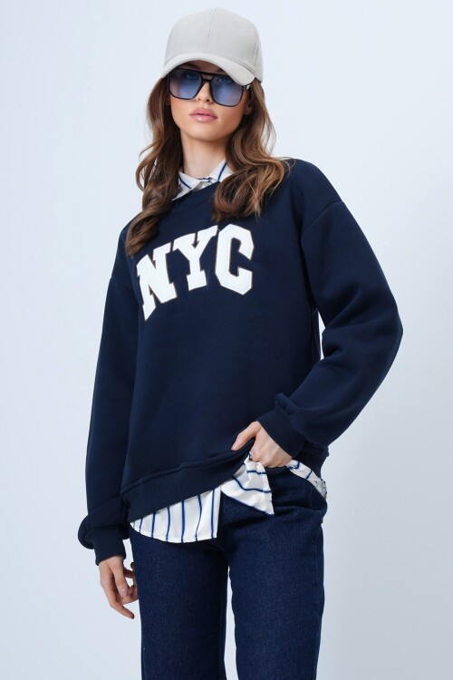 Bisiklet Yaka Nakışlı Ribanalı Uzun Kollu İçi Şardonlu 3 İplik Sweatshirt