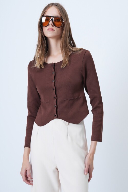 Bisiklet Yaka Önü Düğmeli Triko Bluz