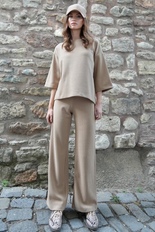 Bisiklet Yaka Selanik Örme Bluz Ve Palazzo Pantolon Takım