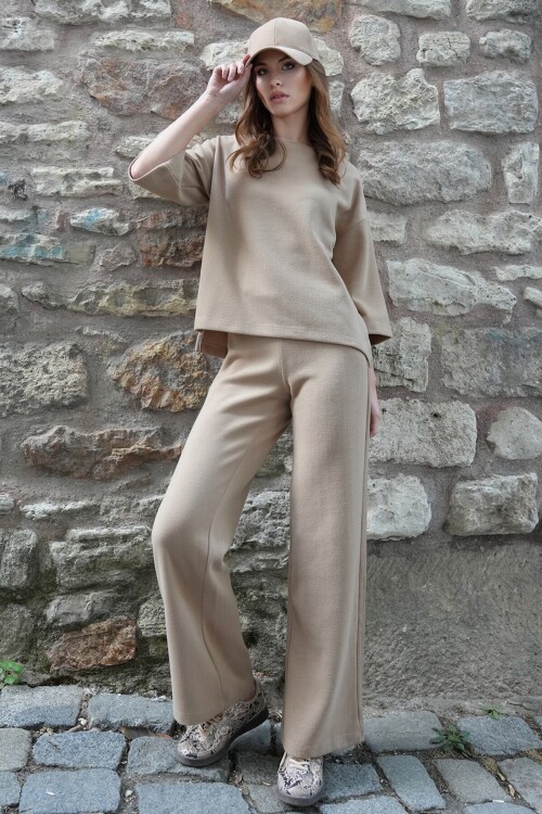 Bisiklet Yaka Selanik Örme Bluz Ve Palazzo Pantolon Takım