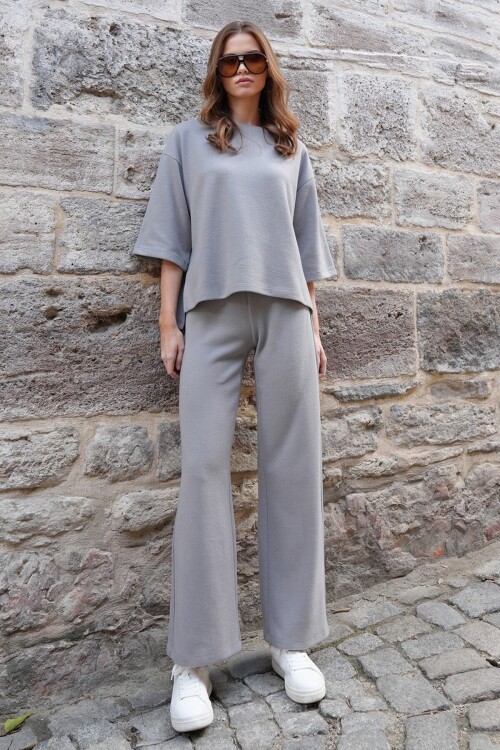 Bisiklet Yaka Selanik Örme Bluz Ve Palazzo Pantolon Takım