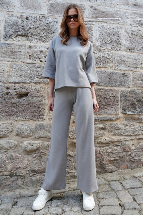 Bisiklet Yaka Selanik Örme Bluz Ve Palazzo Pantolon Takım