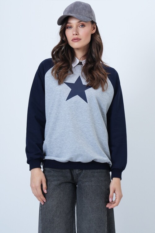 Bisiklet Yaka Yıldız Baskılı Oversize Sweatshirt