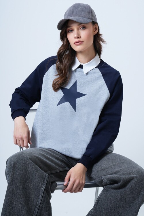 Bisiklet Yaka Yıldız Baskılı Oversize Sweatshirt