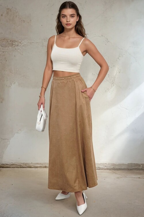 Çift Cepli Beli Lastikli Midi Boy Etek