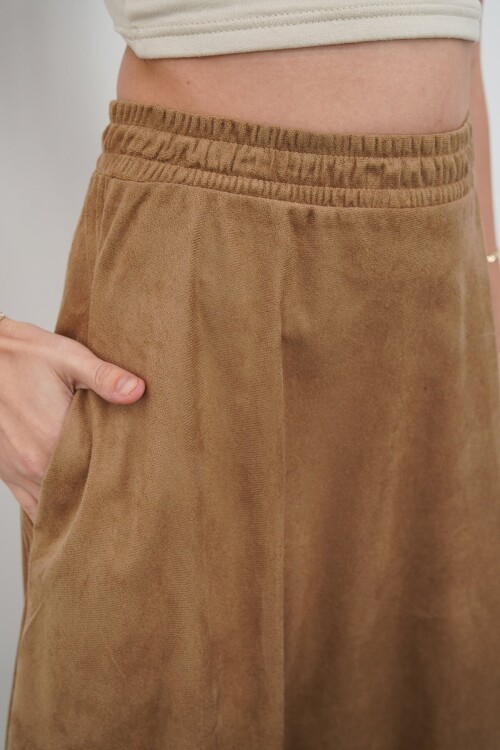 Çift Cepli Beli Lastikli Midi Boy Etek