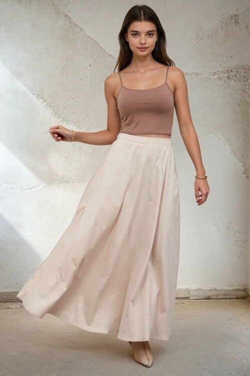 Çift Cepli Beli Lastikli Midi Boy Etek