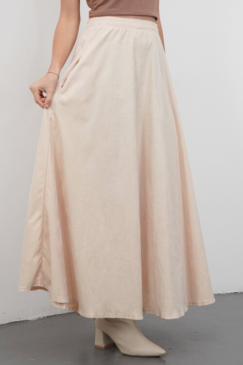 Çift Cepli Beli Lastikli Midi Boy Etek