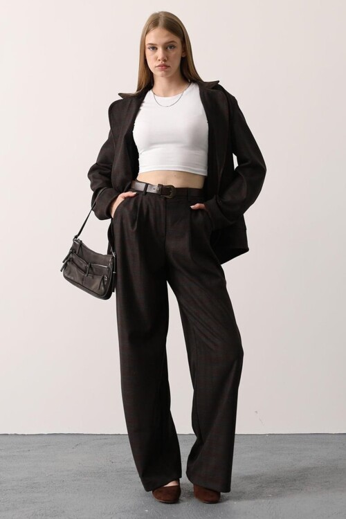 Çift Cepli Ekose Desenli Palazzo Pantolon