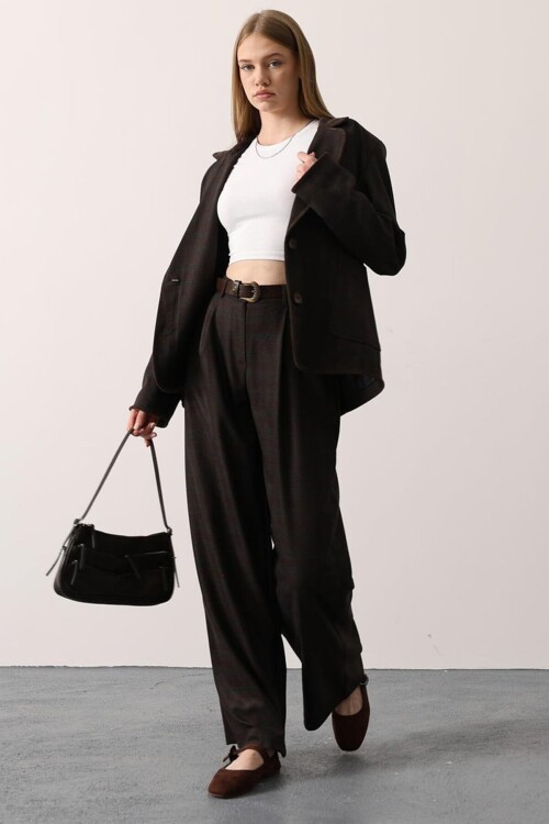 Çift Cepli Ekose Desenli Palazzo Pantolon