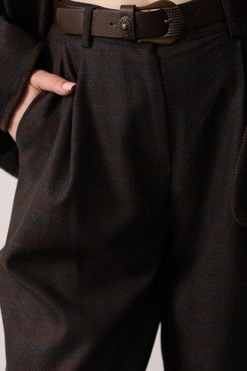 Çift Cepli Ekose Desenli Palazzo Pantolon