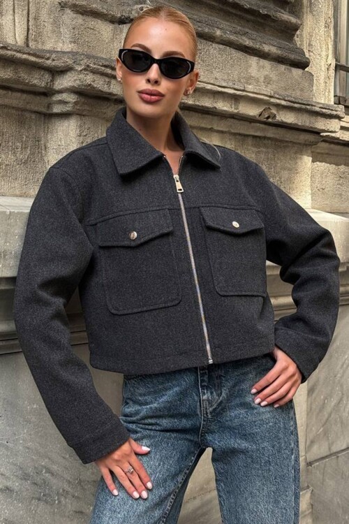 Çift Cepli Fermuar Kapamalı Kaşe Ceket