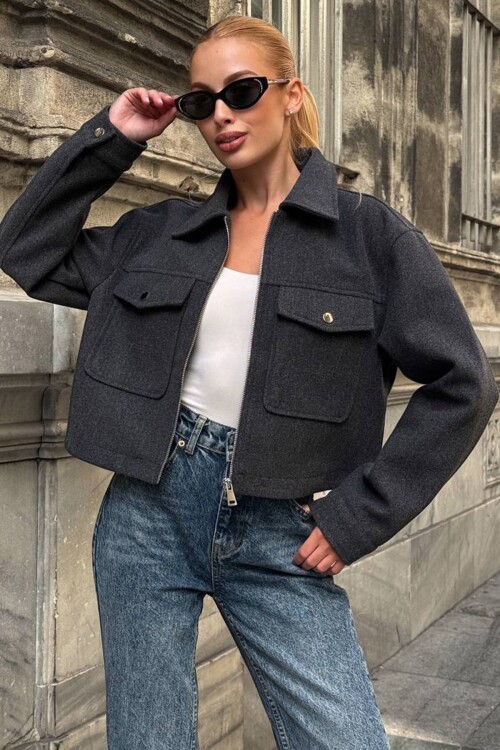 Çift Cepli Fermuar Kapamalı Kaşe Ceket