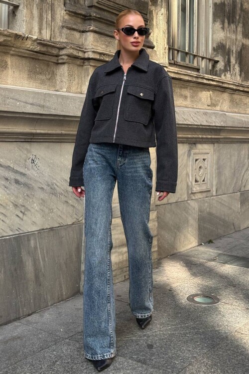 Çift Cepli Fermuar Kapamalı Kaşe Ceket