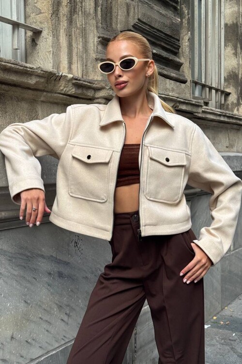 Çift Cepli Fermuar Kapamalı Kaşe Ceket