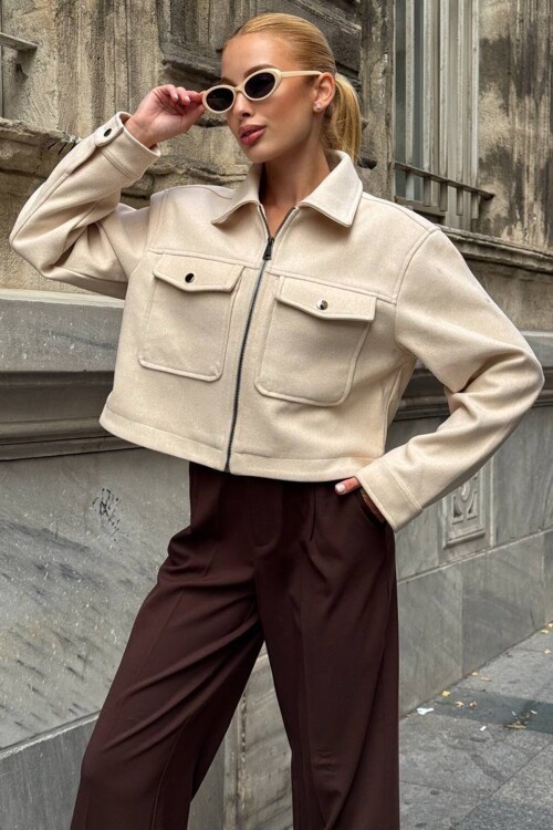 Çift Cepli Fermuar Kapamalı Kaşe Ceket