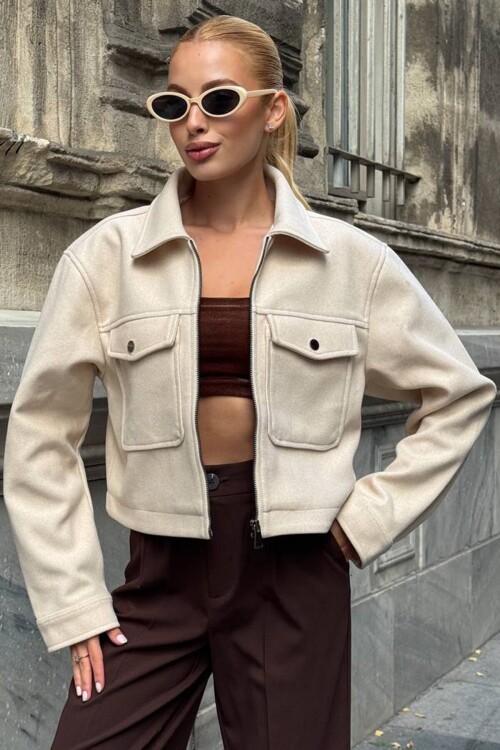 Çift Cepli Fermuar Kapamalı Kaşe Ceket