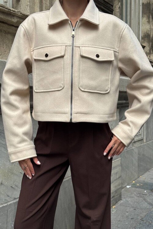 Çift Cepli Fermuar Kapamalı Kaşe Ceket