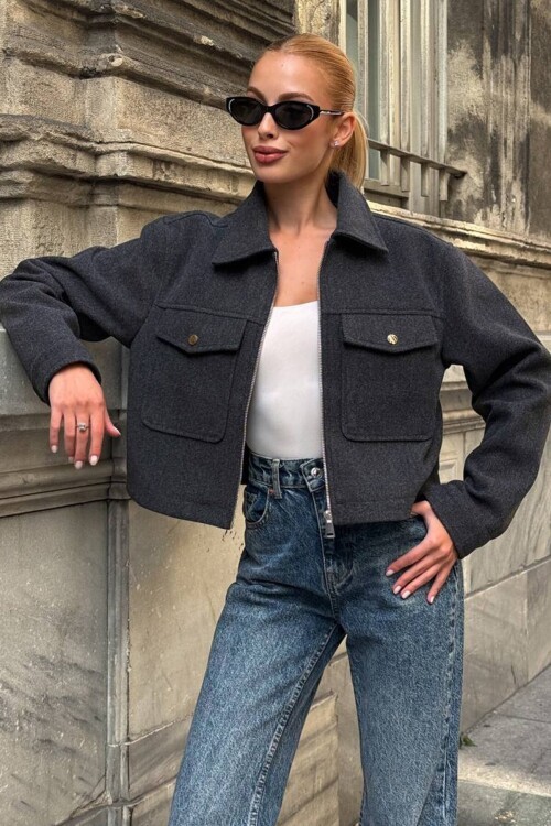Çift Cepli Fermuar Kapamalı Kaşe Ceket