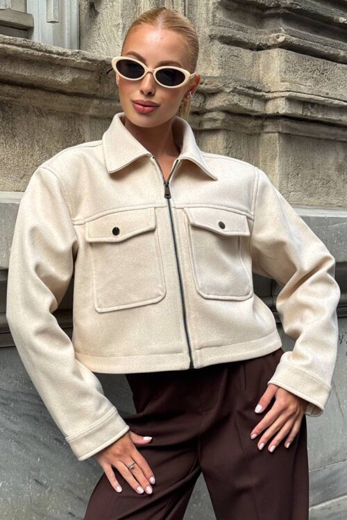 Çift Cepli Fermuar Kapamalı Kaşe Ceket