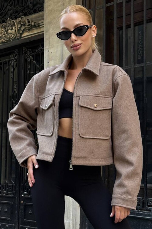 Çift Cepli Fermuar Kapamalı Kaşe Ceket