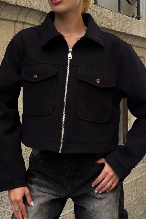 Çift Cepli Fermuar Kapamalı Kaşe Ceket