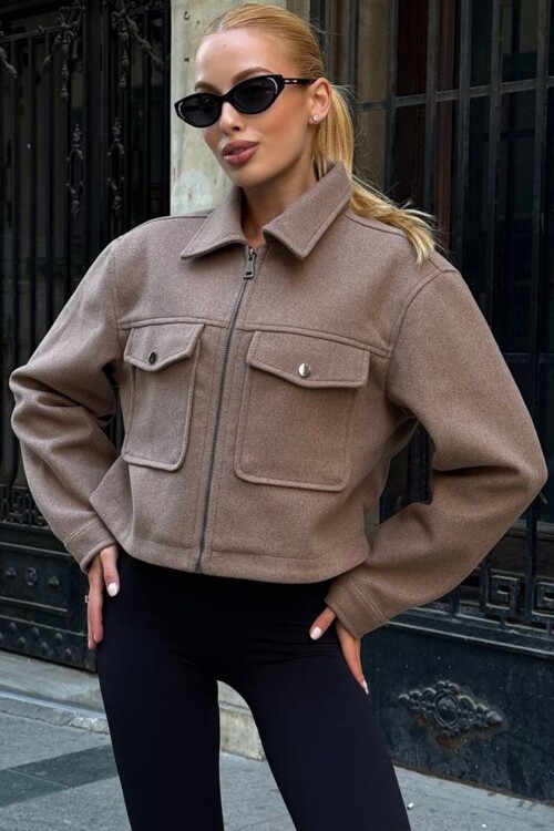 Çift Cepli Fermuar Kapamalı Kaşe Ceket