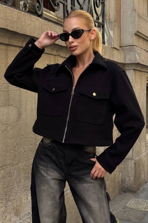 Çift Cepli Fermuar Kapamalı Kaşe Ceket