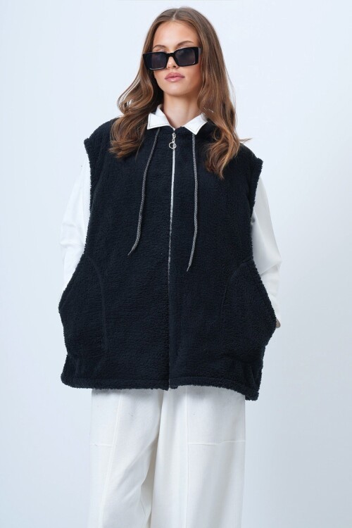 Çift Cepli Fermuar Kapamalı Peluş Yelek