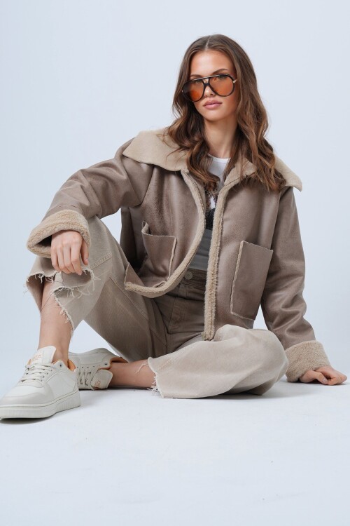 Çift Cepli İçi Suni Kürklü Suni Deri Biker Ceket