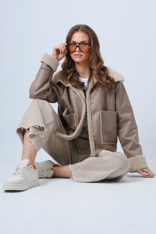 Çift Cepli İçi Suni Kürklü Suni Deri Biker Ceket