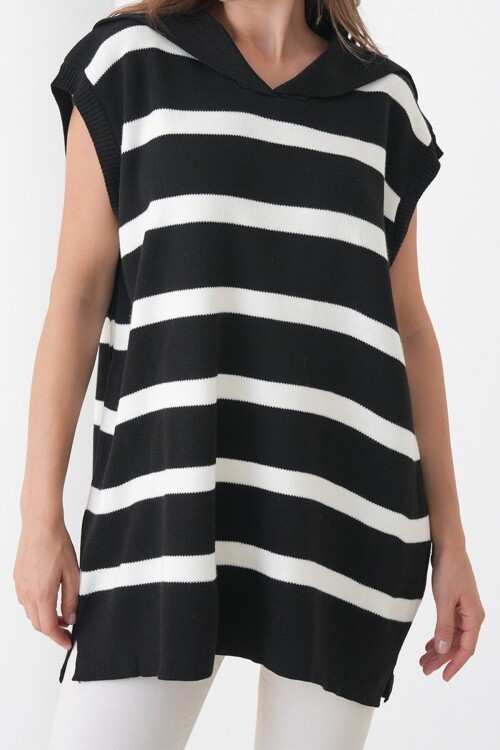 Çizgili Düşük Kol Polo Yaka Triko Süveter