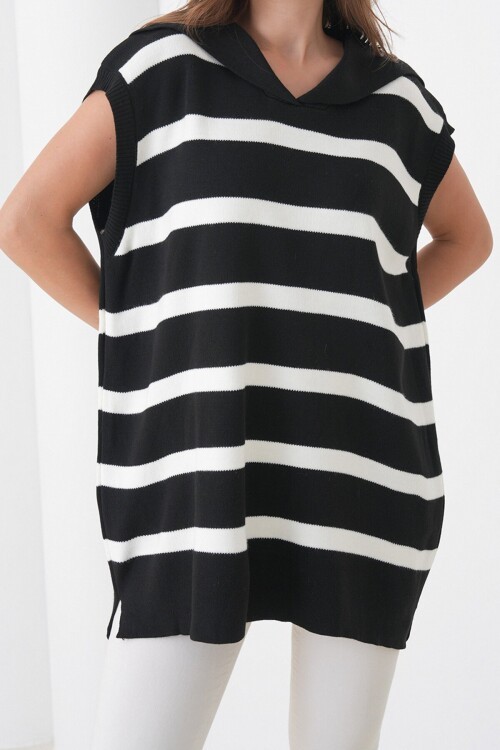 Çizgili Düşük Kol Polo Yaka Triko Süveter