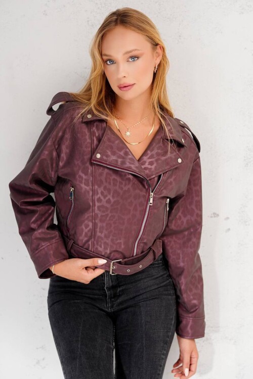 Desenli Fermuarlı Kemer Detaylı Suni Deri Biker Ceket