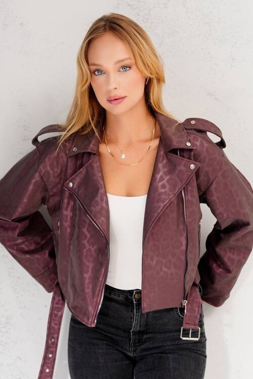 Desenli Fermuarlı Kemer Detaylı Suni Deri Biker Ceket