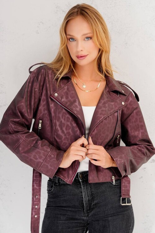 Desenli Fermuarlı Kemer Detaylı Suni Deri Biker Ceket