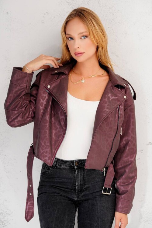 Desenli Fermuarlı Kemer Detaylı Suni Deri Biker Ceket