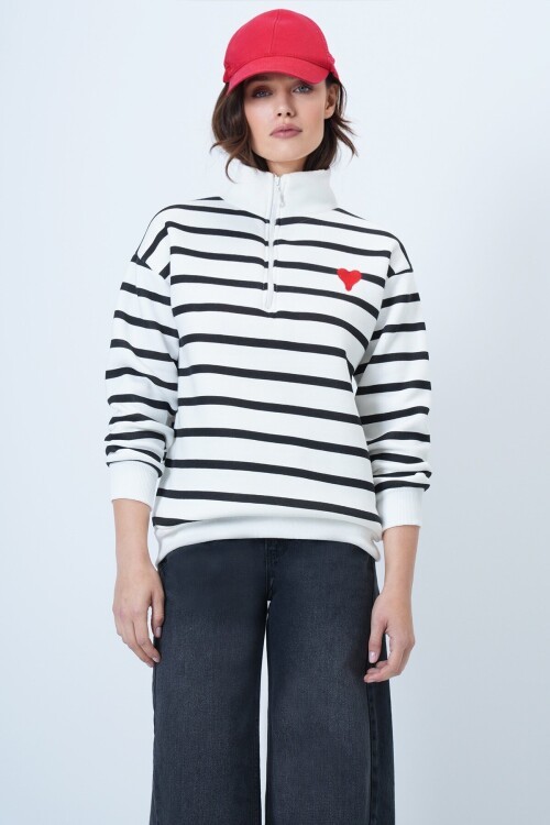 Dik Yaka Yarım Fermuarlı Çizgili Sweatshirt