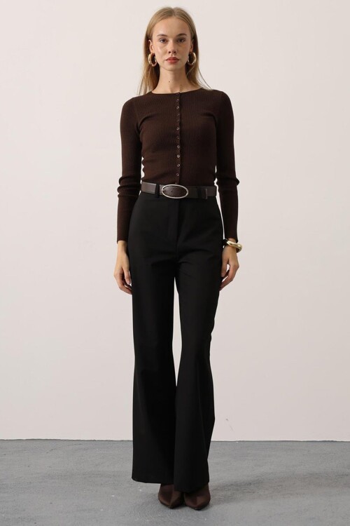 Düğme Kapamalı Çift Cepli Palazzo Pantolon