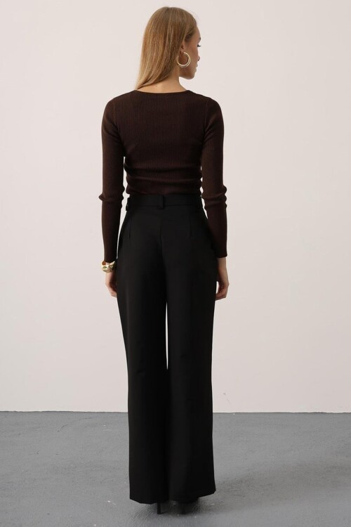 Düğme Kapamalı Çift Cepli Palazzo Pantolon