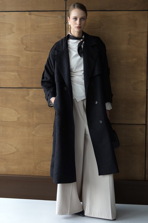 Düğme Kapamalı Kuşaklı Trençkot