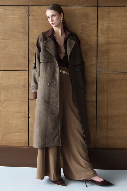 Düğme Kapamalı Kuşaklı Trençkot