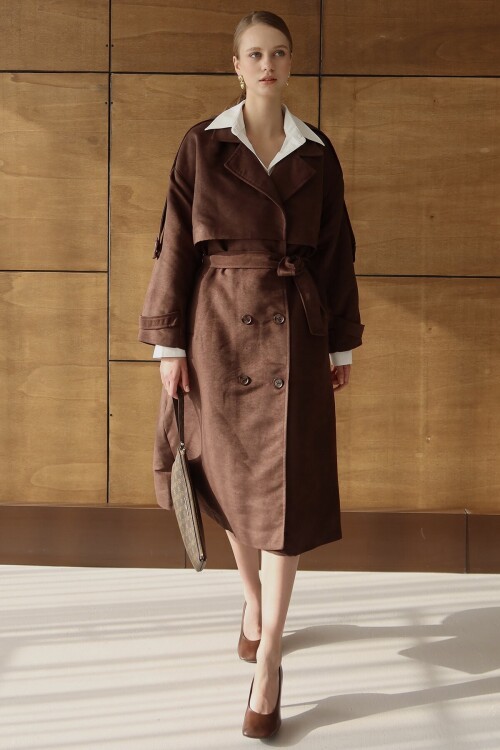 Düğme Kapamalı Kuşaklı Trençkot