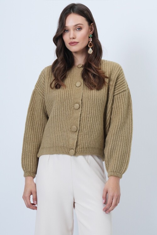 Düğmeli Bisiklet Yaka Fitilli Triko Hırka