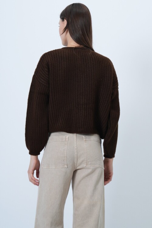 Düğmeli Bisiklet Yaka Fitilli Triko Hırka