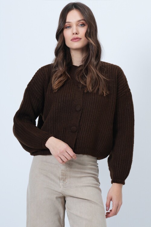 Düğmeli Bisiklet Yaka Fitilli Triko Hırka