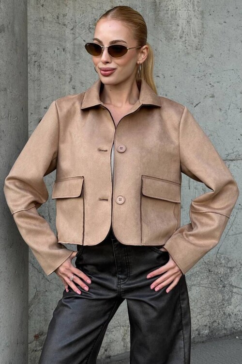 Düğmeli Cep Detaylı Süet Ceket