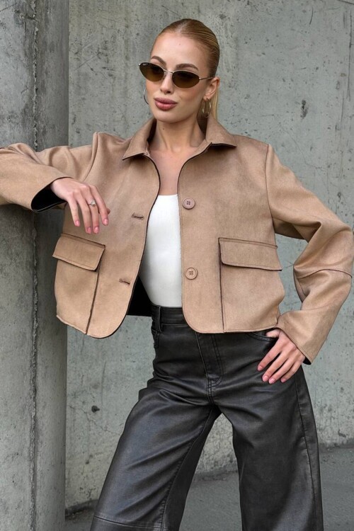 Düğmeli Cep Detaylı Süet Ceket