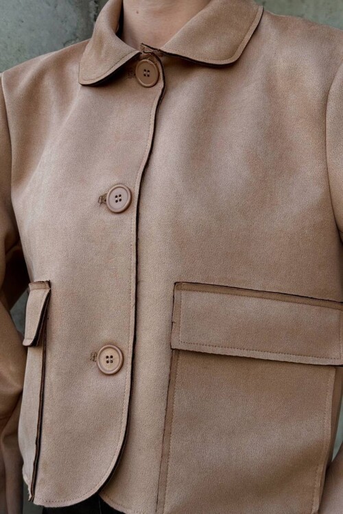 Düğmeli Cep Detaylı Süet Ceket