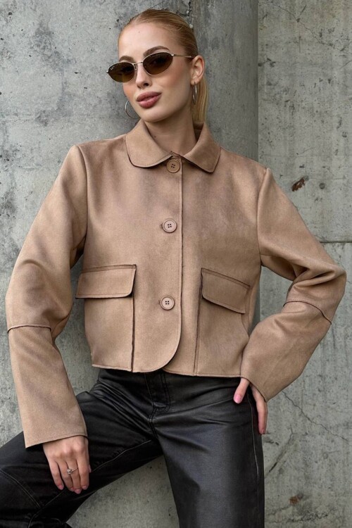 Düğmeli Cep Detaylı Süet Ceket